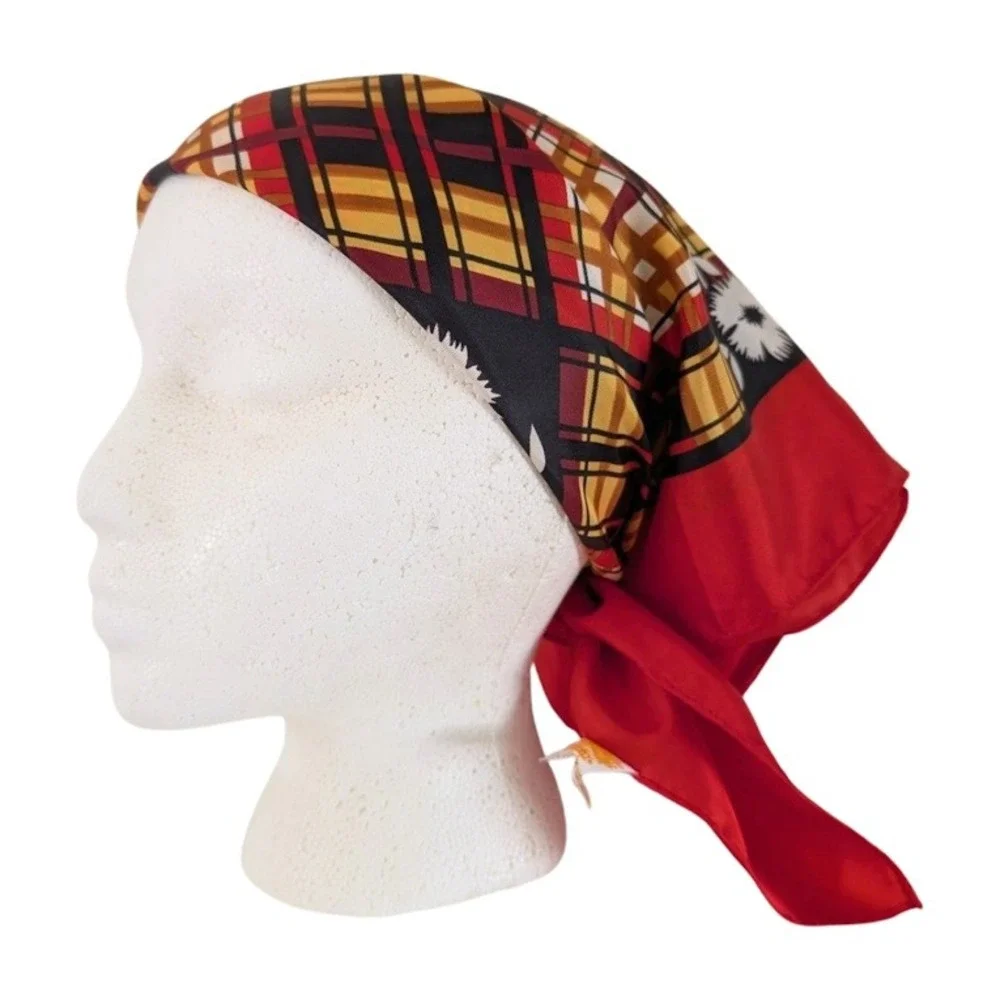 Glentex Vintage 70s Acetate Scarf Red‎ Plaid Daisy Print 23" Square Scarf - Picture 5 of 6